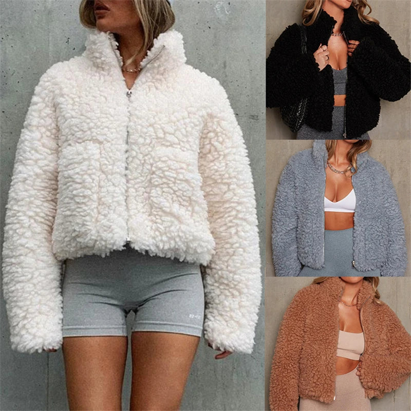 Winter Lamb Wool Short Coat For Women Thicken Warm Long Sleeve Turtleneck Jackets 2024 Autumn Fashion Streetwear Ladies Overcoat