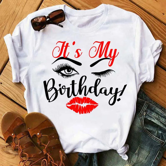 Maycaur  Eyelash and Lips Print Women T Shirt Fashion Graphic T Shirts Funny Happy Birthday Party Tshirt Casual Female Tops Tees