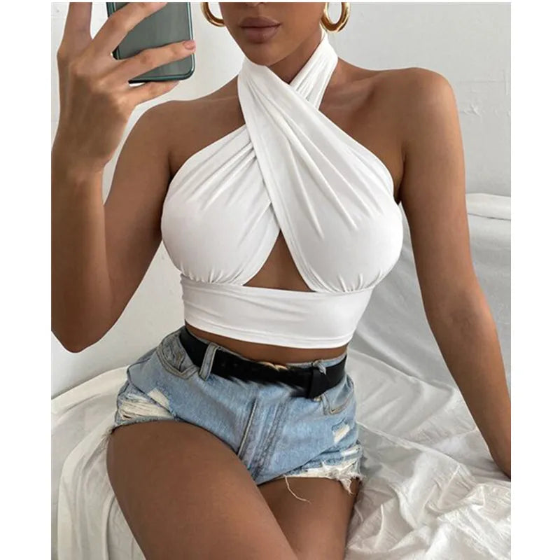 Women Summer Tank Tops Solid Cross Halter Camis Backless Crop Tops Female Camisole Cropped Top Slim Sleeveless Streetwear