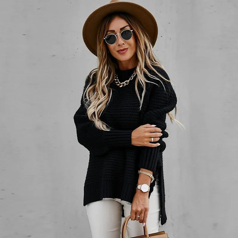 OMCHION Sueter Mujer 2023 New Half High Neck Long Sleeve Thick Sweater For Women Loose Split Knitted Pullover Warm Chic Knitwear