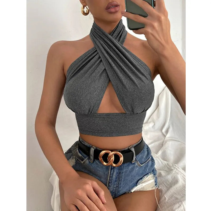 Women Summer Tank Tops Solid Cross Halter Camis Backless Crop Tops Female Camisole Cropped Top Slim Sleeveless Streetwear