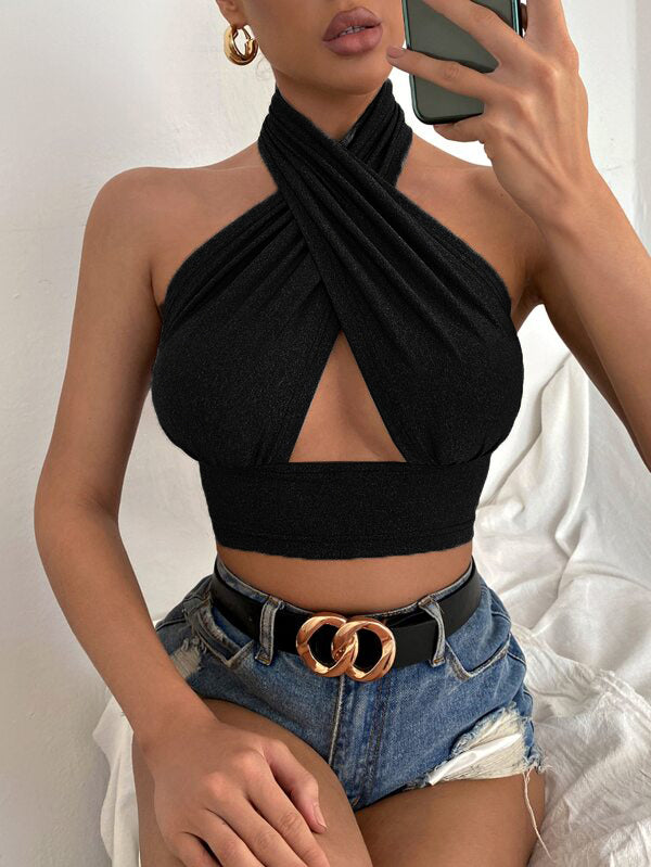 Women Summer Tank Tops Solid Cross Halter Camis Backless Crop Tops Female Camisole Cropped Top Slim Sleeveless Streetwear