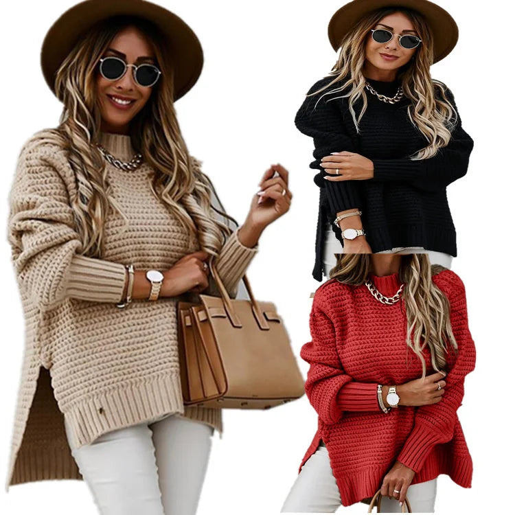 OMCHION Sueter Mujer 2023 New Half High Neck Long Sleeve Thick Sweater For Women Loose Split Knitted Pullover Warm Chic Knitwear