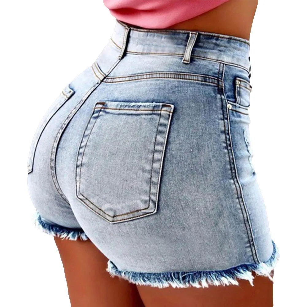 Women's denim shorts Summer Lady Clothing High Waist Denim Shorts Women's  Fringe Frayed Ripped Jeans Hot Shorts With Pockets