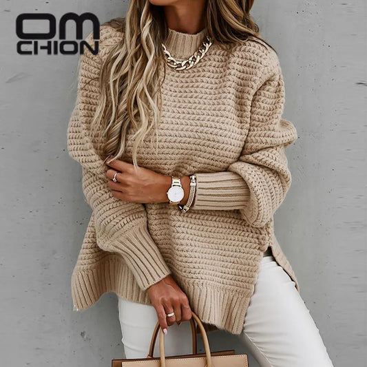 OMCHION Sueter Mujer 2023 New Half High Neck Long Sleeve Thick Sweater For Women Loose Split Knitted Pullover Warm Chic Knitwear