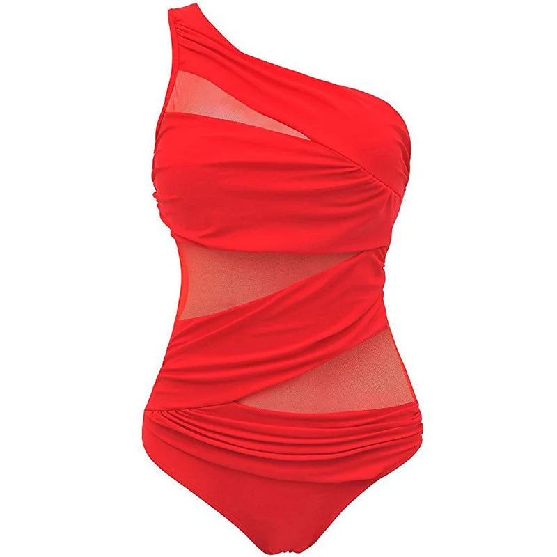 Plus Size Ladies One Piece Mesh Bandage Bikini Swimwear One Shoulder Push Up Monokini Swimsuit Bathing Suit XL XXL Beachwear Red