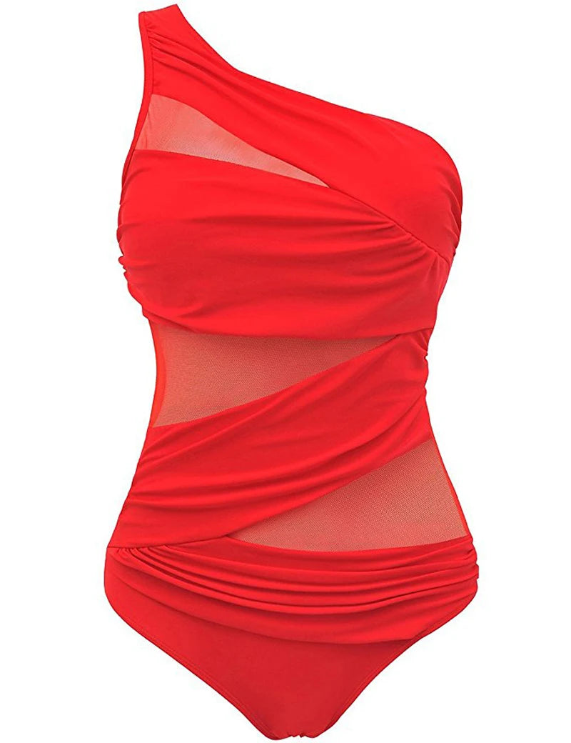 Plus Size Ladies One Piece Mesh Bandage Bikini Swimwear One Shoulder Push Up Monokini Swimsuit Bathing Suit XL XXL Beachwear Red