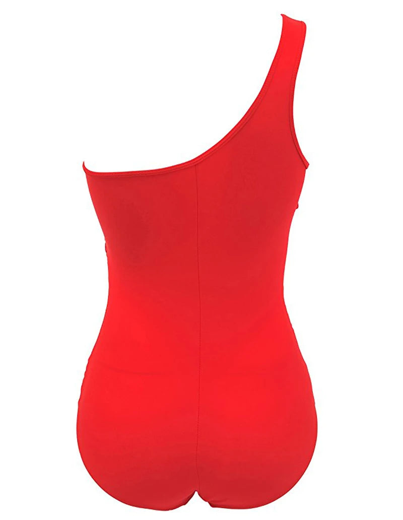 Plus Size Ladies One Piece Mesh Bandage Bikini Swimwear One Shoulder Push Up Monokini Swimsuit Bathing Suit XL XXL Beachwear Red