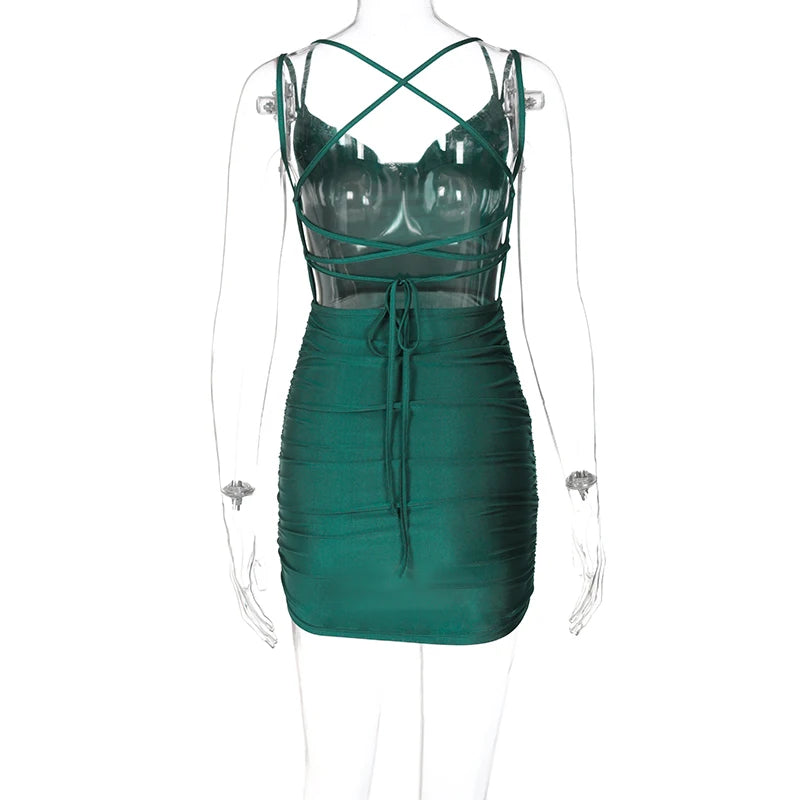 Summer Women Lace Up Strap Mini Dress Backless Bodycon Bandage Party Elegant Club Streetwear Slim Solid Ruched Green Clothes