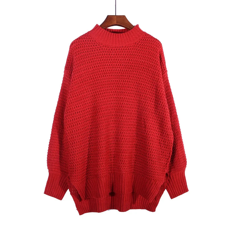 OMCHION Sueter Mujer 2023 New Half High Neck Long Sleeve Thick Sweater For Women Loose Split Knitted Pullover Warm Chic Knitwear