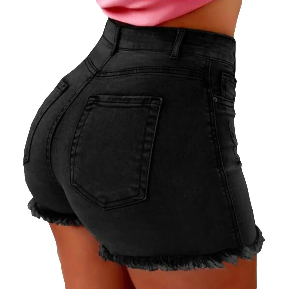 Women's denim shorts Summer Lady Clothing High Waist Denim Shorts Women's  Fringe Frayed Ripped Jeans Hot Shorts With Pockets