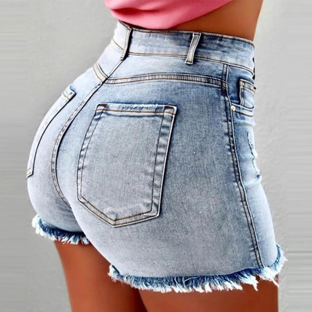 Women's denim shorts Summer Lady Clothing High Waist Denim Shorts Women's  Fringe Frayed Ripped Jeans Hot Shorts With Pockets