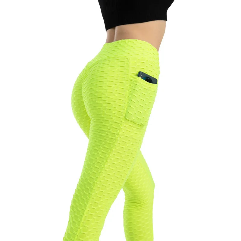 Women Fashion Pocket Bubble Pants Stretchy Slim Leggings Gym Running Cycling Fitness Pants High Waist Hip Lift Leggings Female