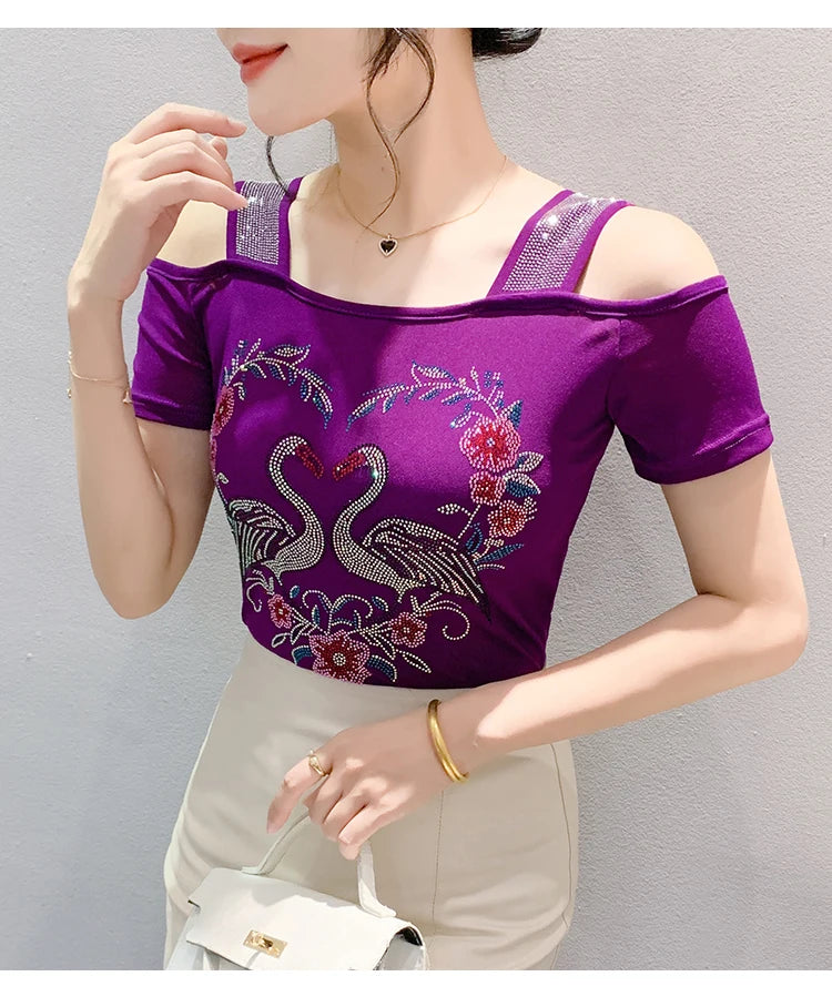 M-3XL Streetwear Girl Summer Cartoon Design Hot Diamonds T-Shirt Women Sexy Off Shoulder Slim Mesh Tops Chic Luxury Flower Tees