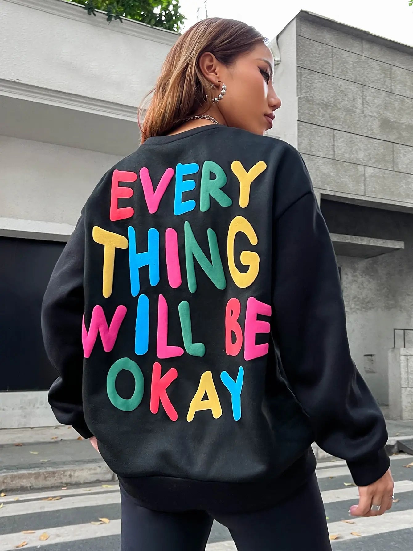 Fashion Womans Sweatshirt Everything Will Be Okay Letter Printed Pullover Loose Warm Crewneck Hoodies Casual Female Clothing