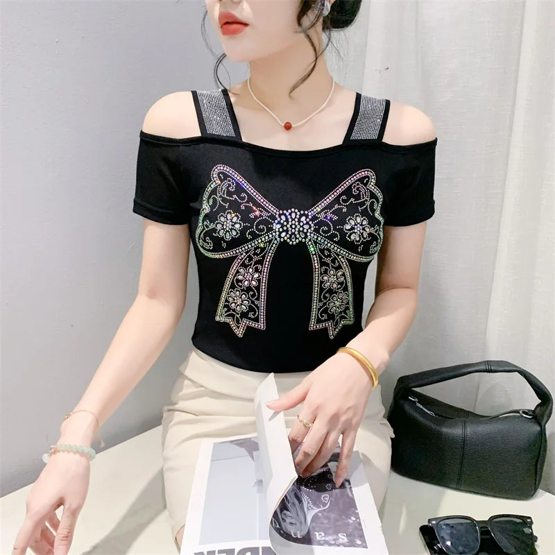 M-3XL Streetwear Girl Summer Cartoon Design Hot Diamonds T-Shirt Women Sexy Off Shoulder Slim Mesh Tops Chic Luxury Flower Tees