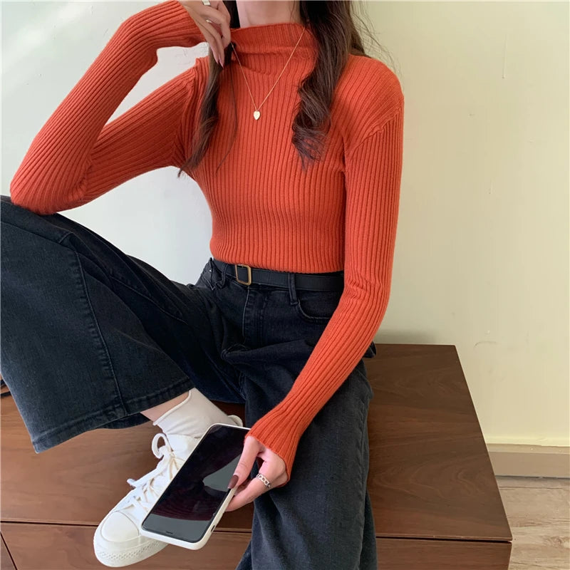 Autumn Winter Knitted Sweater Women Pullovers Korean Turtleneck Long Sleeve Pullover Female Jumper Green Knitwear Chic Jumpers