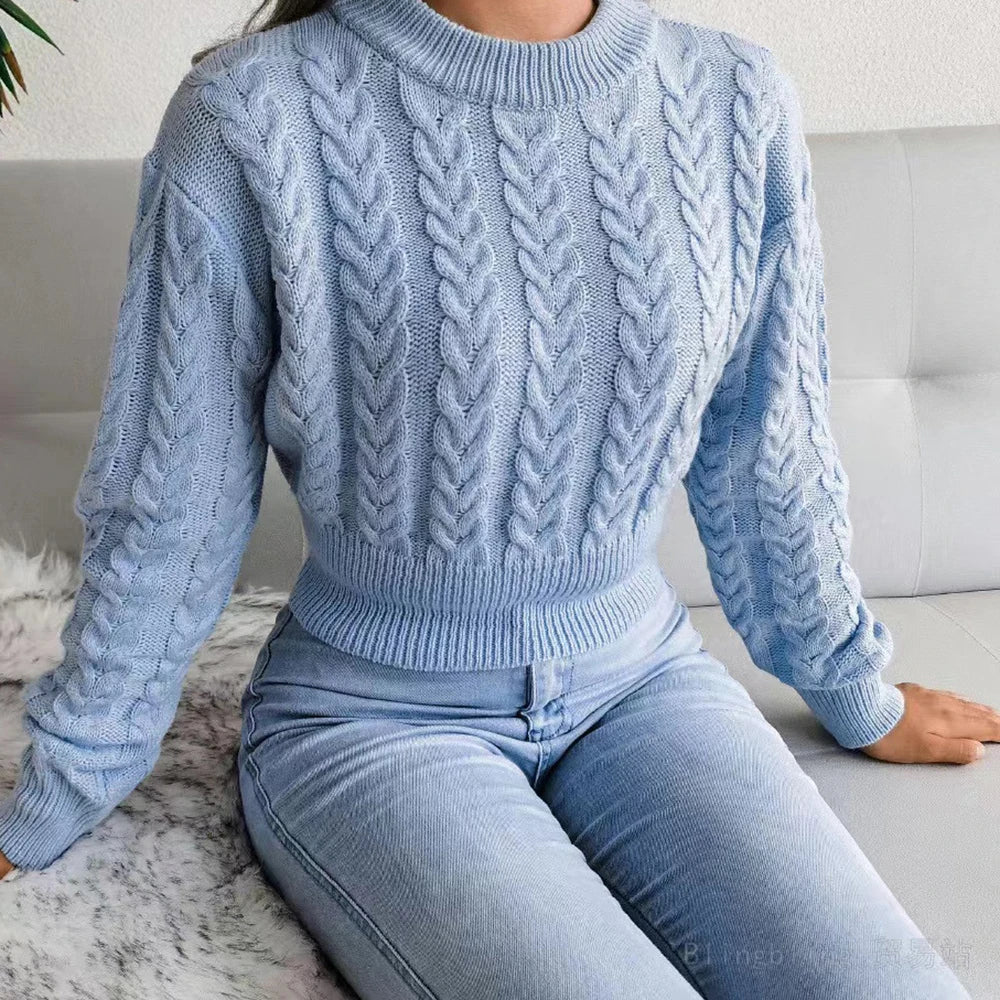 Women Sweater Casual Pullovers Autumn Winter Basics Knitted Short Crop Top Solid Long Sleeve Elegance Sweet Woman Clothing