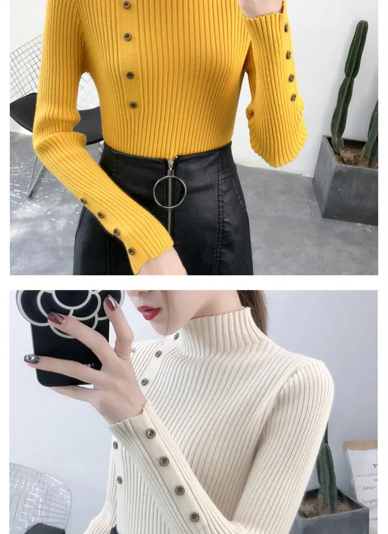 2024 Women Autumn Knitted Slim Sweaters Solid Knitted Female Cotton Soft Elastic Color Pullovers Button Full Sleeve Turtleneck