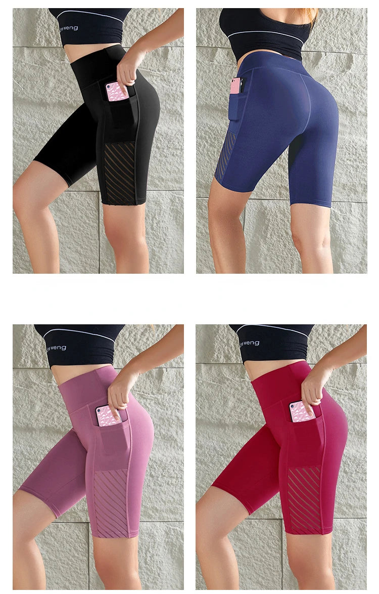 Quick drying Sports Yoga Shorts Summer Mesh breathable Pocket Shorts High waist Elastic Lifting buttocks Leggings Shorts Women