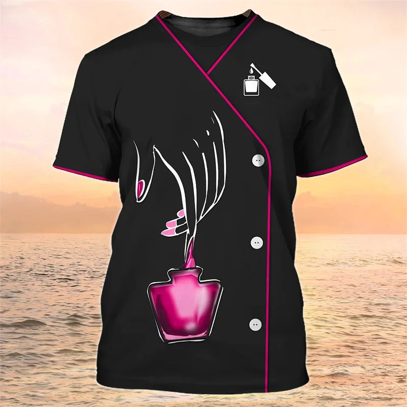 Manicure Pattern T-Shirt For Women Fingernail Polish 3D Printed Tees Summer Loose Tops Uniforms Short Sleeves O-Neck T Shirts