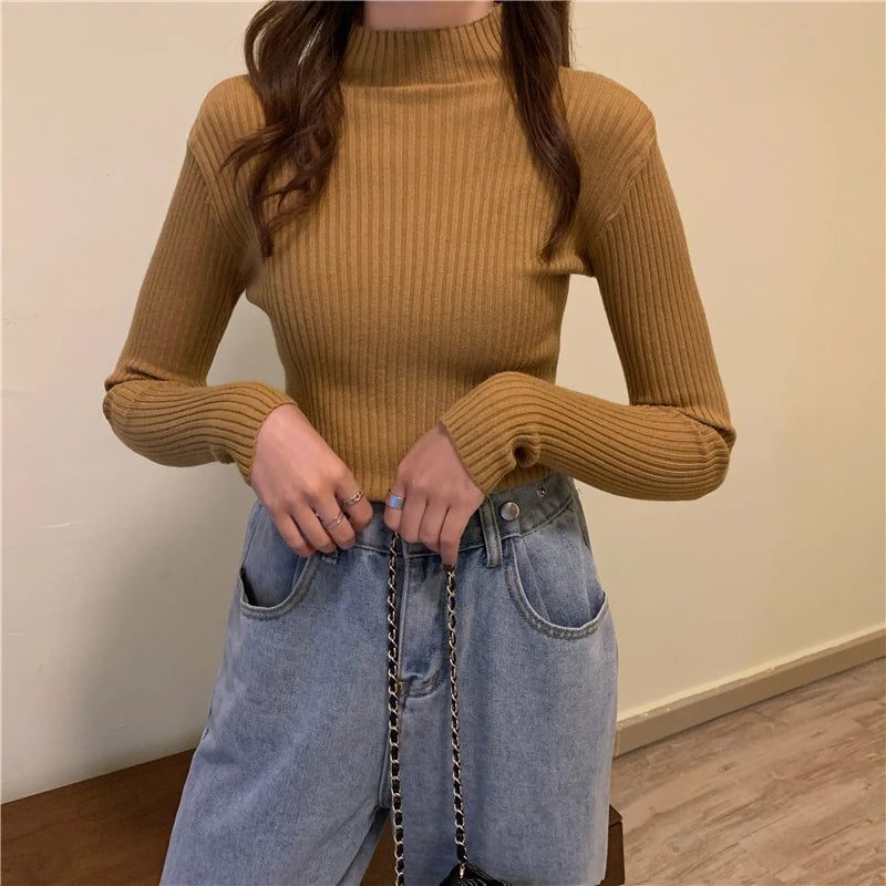 Autumn Winter Knitted Sweater Women Pullovers Korean Turtleneck Long Sleeve Pullover Female Jumper Green Knitwear Chic Jumpers