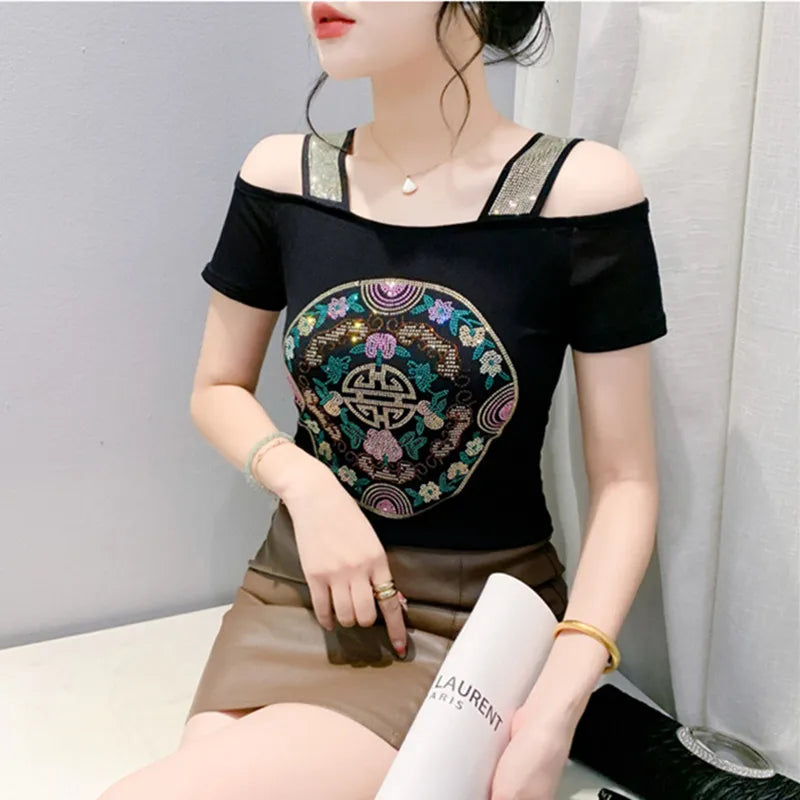 M-3XL Streetwear Girl Summer Cartoon Design Hot Diamonds T-Shirt Women Sexy Off Shoulder Slim Mesh Tops Chic Luxury Flower Tees