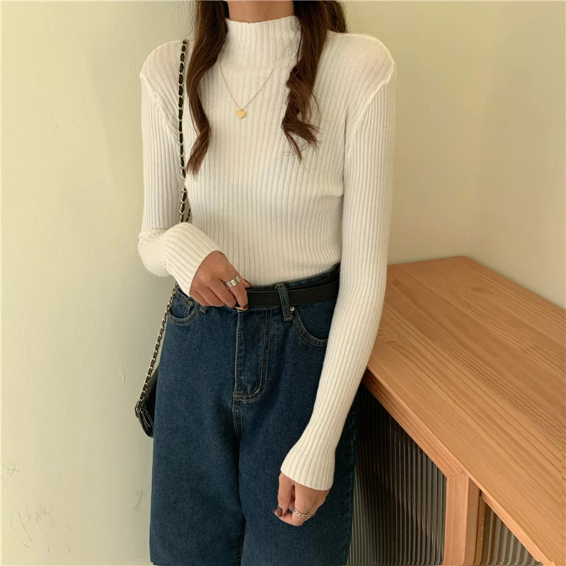 Autumn Winter Knitted Sweater Women Pullovers Korean Turtleneck Long Sleeve Pullover Female Jumper Green Knitwear Chic Jumpers