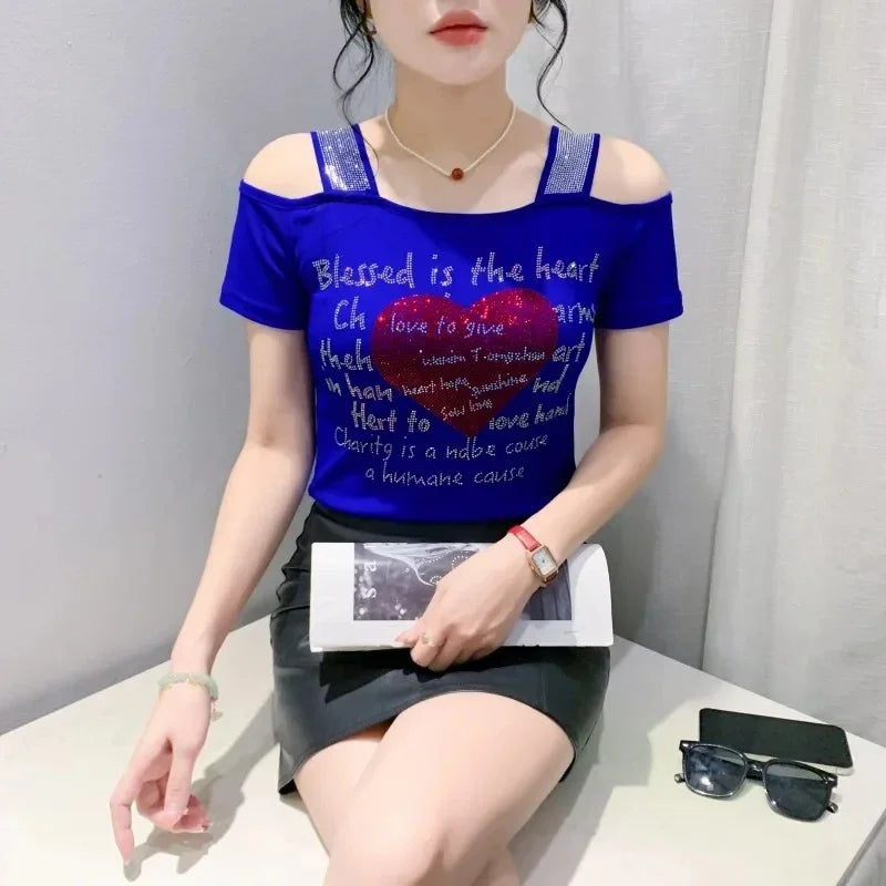 M-3XL Streetwear Girl Summer Cartoon Design Hot Diamonds T-Shirt Women Sexy Off Shoulder Slim Mesh Tops Chic Luxury Flower Tees