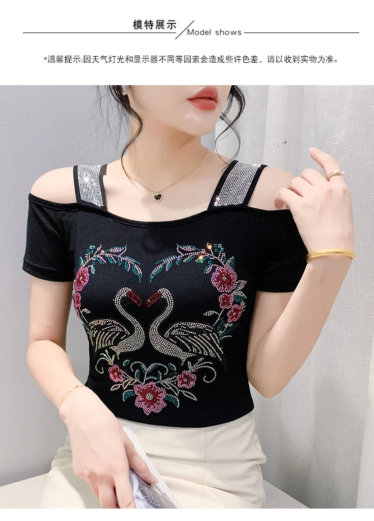 M-3XL Streetwear Girl Summer Cartoon Design Hot Diamonds T-Shirt Women Sexy Off Shoulder Slim Mesh Tops Chic Luxury Flower Tees