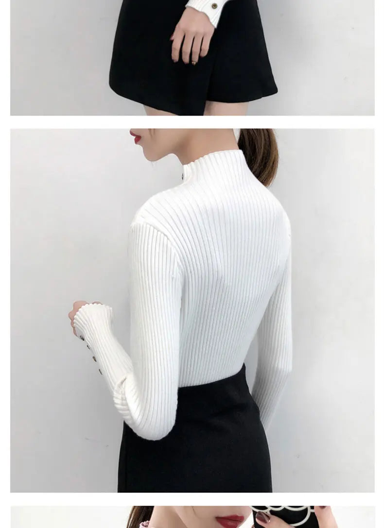 2024 Women Autumn Knitted Slim Sweaters Solid Knitted Female Cotton Soft Elastic Color Pullovers Button Full Sleeve Turtleneck