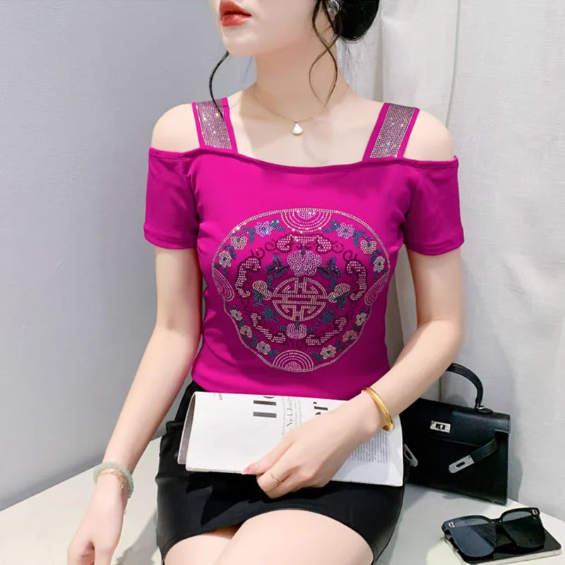 M-3XL Streetwear Girl Summer Cartoon Design Hot Diamonds T-Shirt Women Sexy Off Shoulder Slim Mesh Tops Chic Luxury Flower Tees