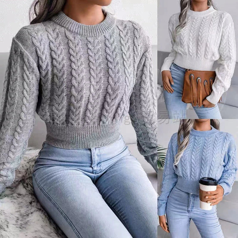 Women Sweater Casual Pullovers Autumn Winter Basics Knitted Short Crop Top Solid Long Sleeve Elegance Sweet Woman Clothing