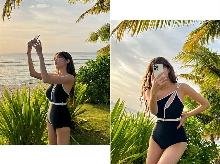 VigoBeviya 2024 Sexy Black One Shoulder Swimwear Women Hollowed Out Belt One Piece Swimsuit Female Beach Monokini Bathing Suit