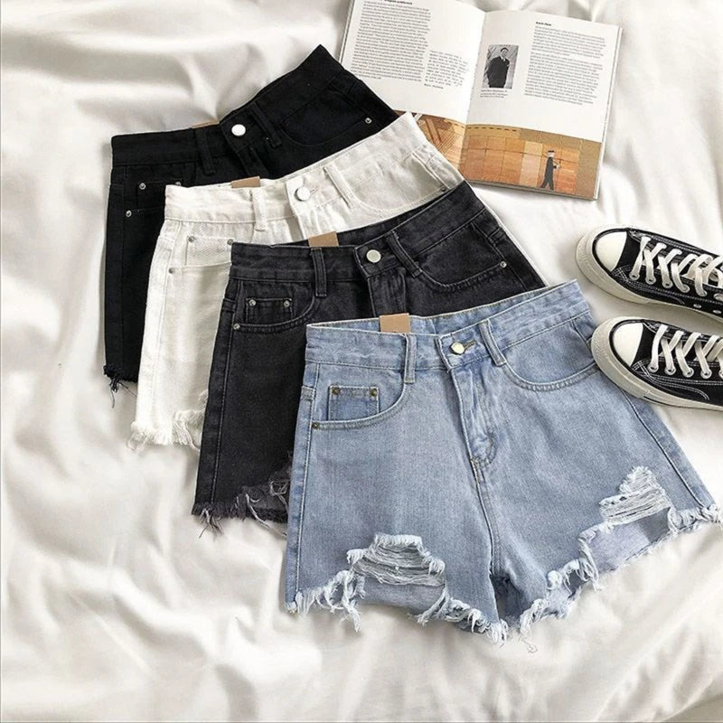 Korean Denim Holes Shorts For Women  Fashion High WaistWide Leg Short Jeans Female Designer Casual Street Short 2024 New