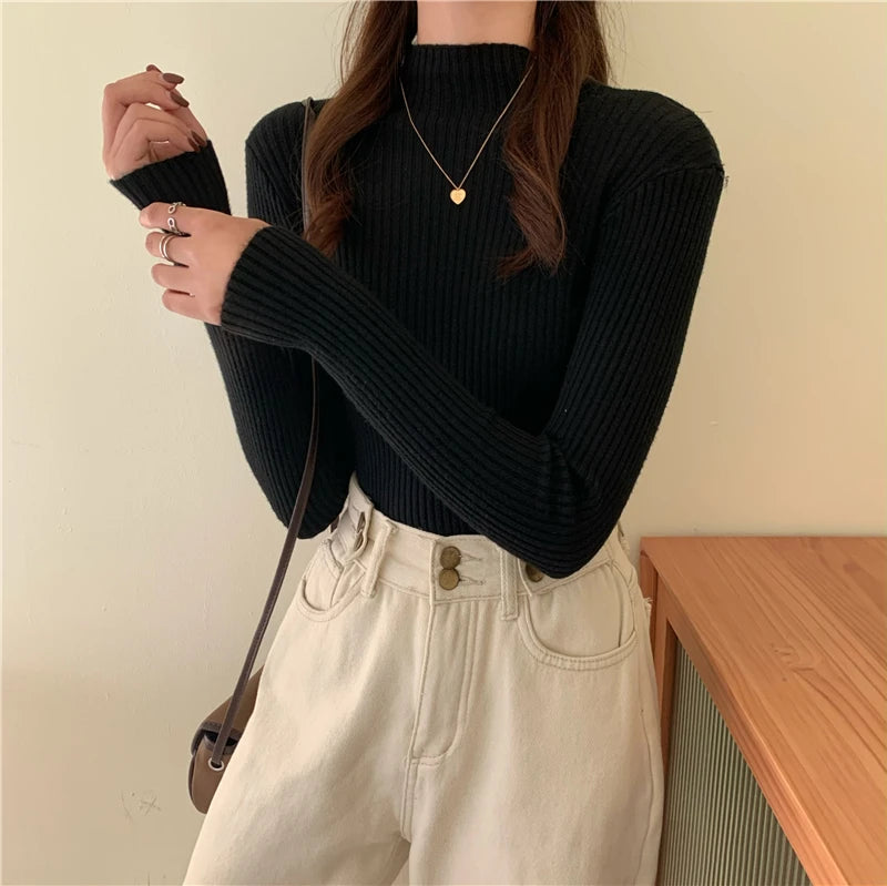 Autumn Winter Knitted Sweater Women Pullovers Korean Turtleneck Long Sleeve Pullover Female Jumper Green Knitwear Chic Jumpers