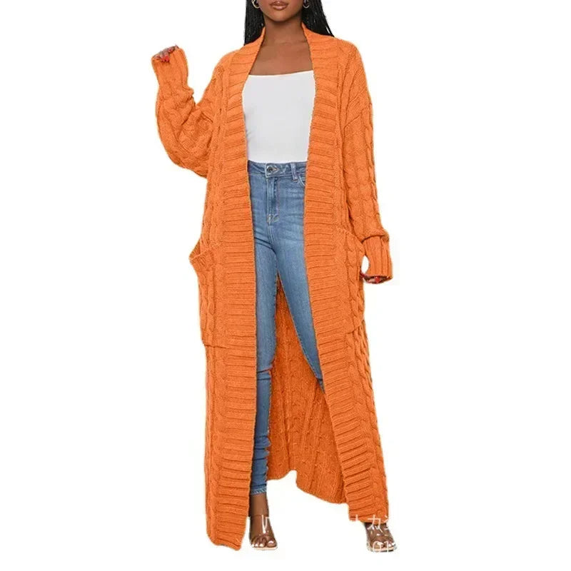 Open Front Cable Knit Longline Cardigan Women Long Sleeve Loose Fashion Casual Open Cardigan Knitwear Solid Color