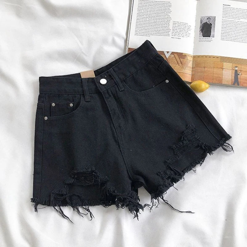 Korean Denim Holes Shorts For Women  Fashion High WaistWide Leg Short Jeans Female Designer Casual Street Short 2024 New