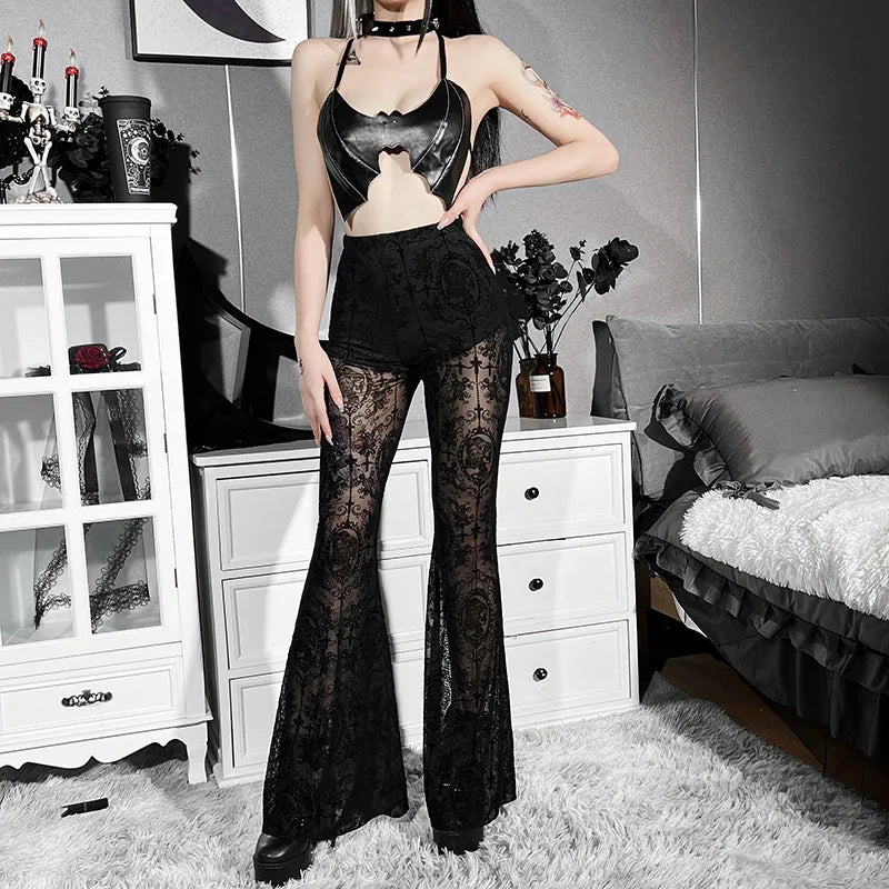 Goth Dark Vintage Flocking Mall Gothic Sexy Flare Pants Grunge See Through Mesh High Waist Women Trousers Punk Slim Alt Clothing