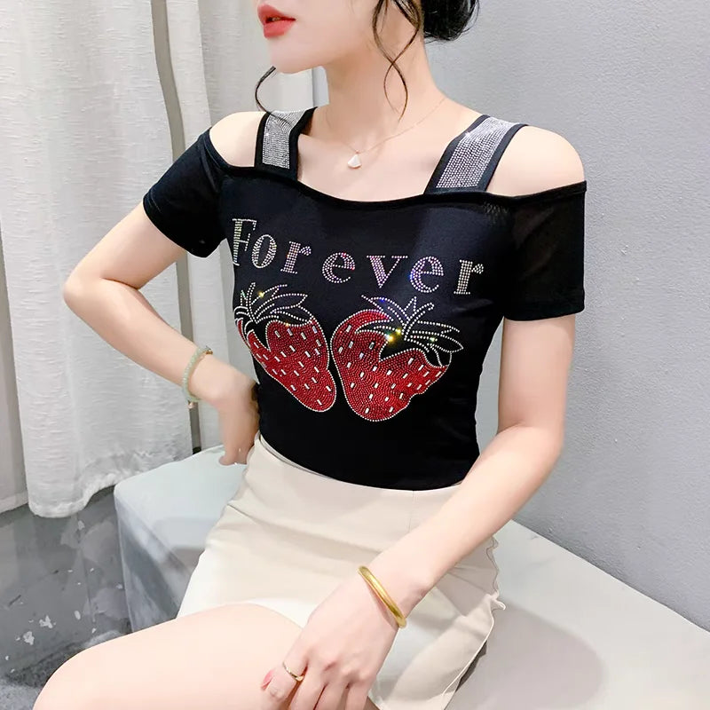 M-3XL Streetwear Girl Summer Cartoon Design Hot Diamonds T-Shirt Women Sexy Off Shoulder Slim Mesh Tops Chic Luxury Flower Tees