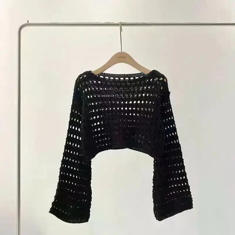 2024 Y2K Long Sleeve Crochet Knit Top Summer Beach Bikini Cover Up Crop Pullover Wool Knitwear Blouse Women Vacation Boho Outfit