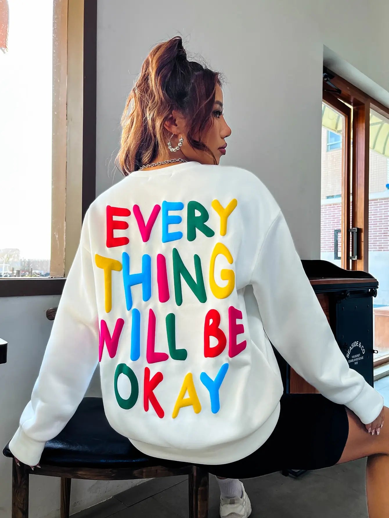 Fashion Womans Sweatshirt Everything Will Be Okay Letter Printed Pullover Loose Warm Crewneck Hoodies Casual Female Clothing