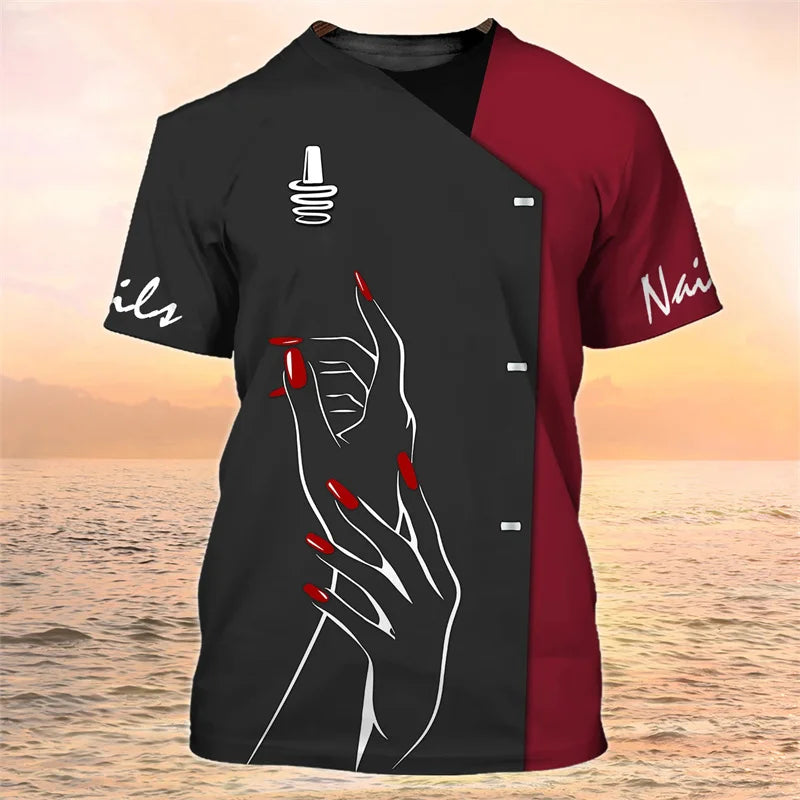 Manicure Pattern T-Shirt For Women Fingernail Polish 3D Printed Tees Summer Loose Tops Uniforms Short Sleeves O-Neck T Shirts