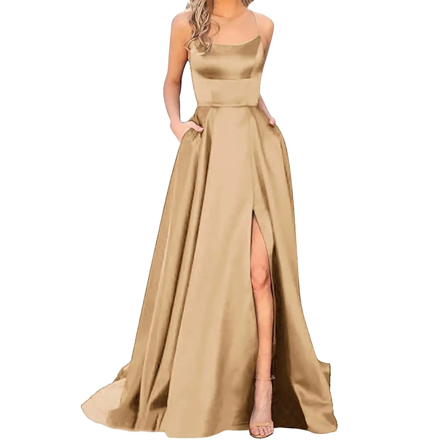 2025 Sexy V Neck Satin Evening Dresses Spaghetti Strap Side Slit Prom Dress High Waist Evening Gowns Party Dress Robe de soiree