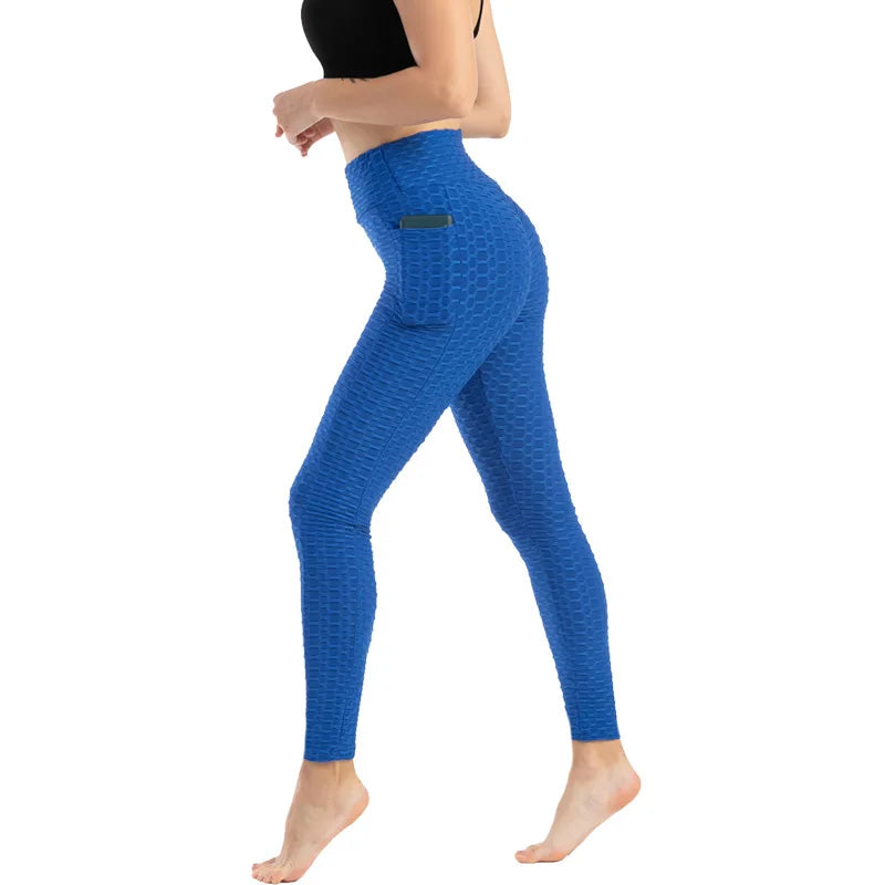 Women Fashion Pocket Bubble Pants Stretchy Slim Leggings Gym Running Cycling Fitness Pants High Waist Hip Lift Leggings Female