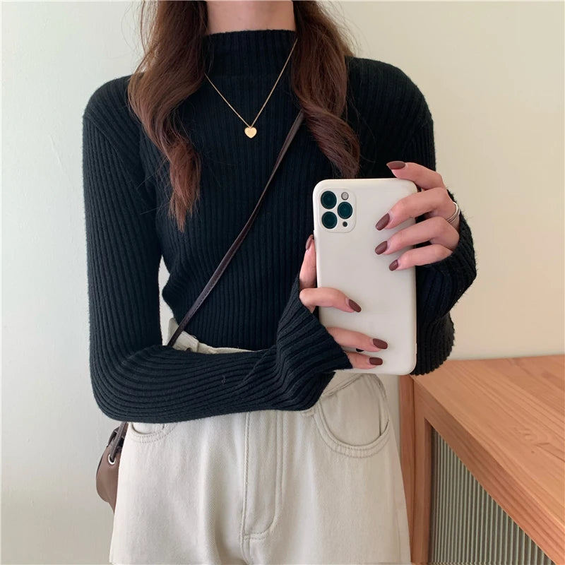 Autumn Winter Knitted Sweater Women Pullovers Korean Turtleneck Long Sleeve Pullover Female Jumper Green Knitwear Chic Jumpers