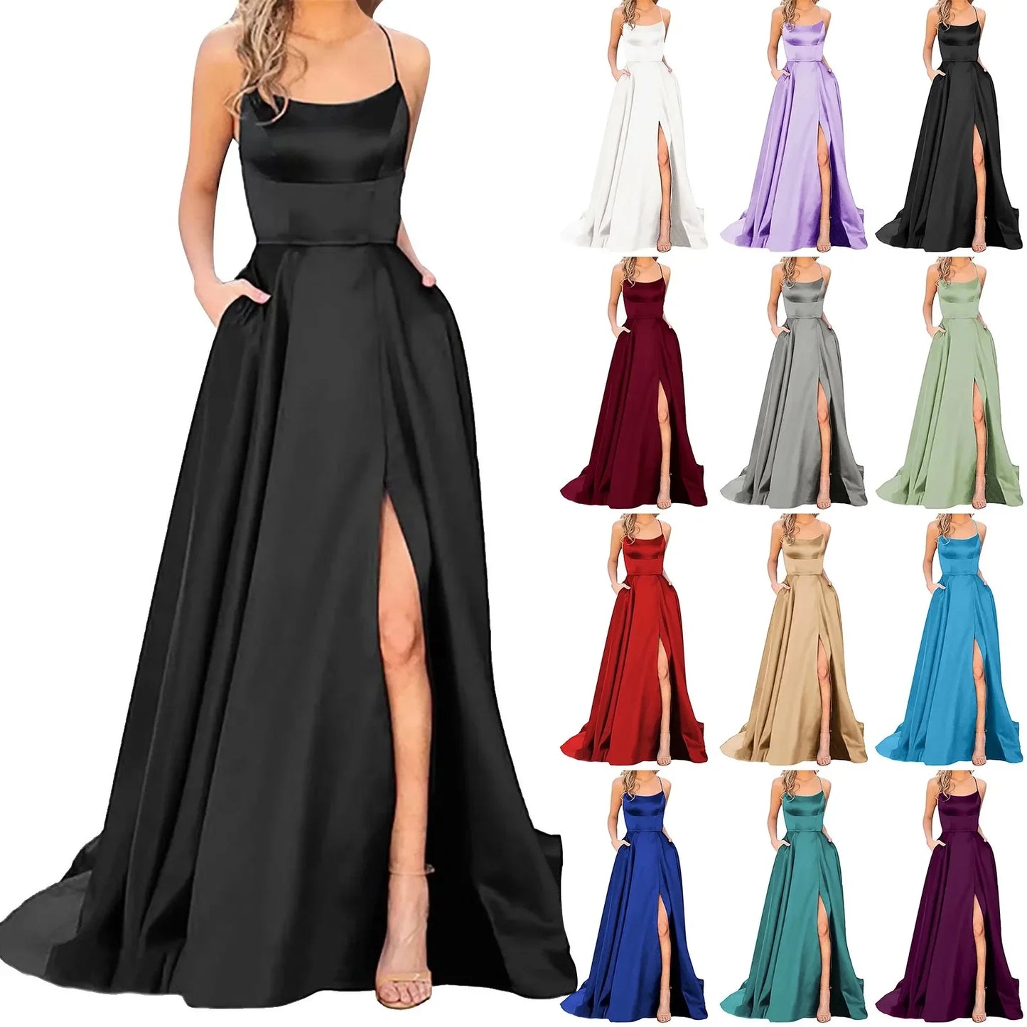 2025 Sexy V Neck Satin Evening Dresses Spaghetti Strap Side Slit Prom Dress High Waist Evening Gowns Party Dress Robe de soiree