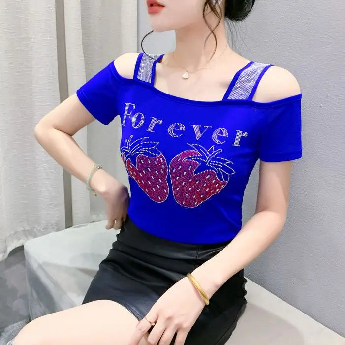 M-3XL Streetwear Girl Summer Cartoon Design Hot Diamonds T-Shirt Women Sexy Off Shoulder Slim Mesh Tops Chic Luxury Flower Tees