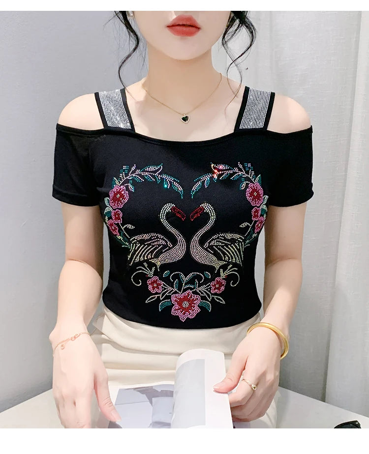 M-3XL Streetwear Girl Summer Cartoon Design Hot Diamonds T-Shirt Women Sexy Off Shoulder Slim Mesh Tops Chic Luxury Flower Tees