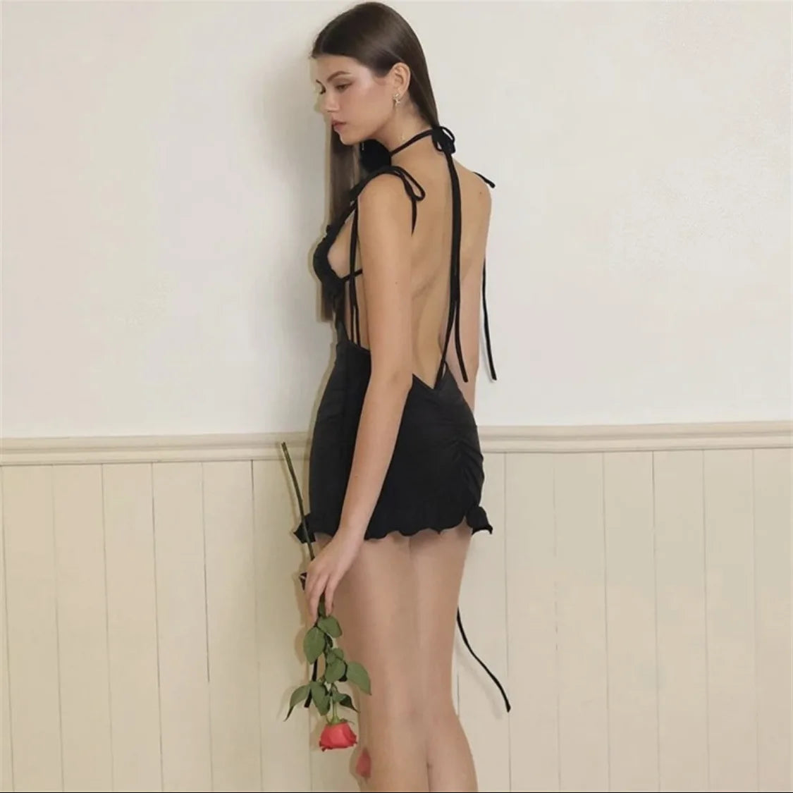 Ruffles Backless Sleeveless Short Dress Women Y2K Summer Lace Up Bodycon Black Dresses Sexy Elegant Party Vintage Female Robes